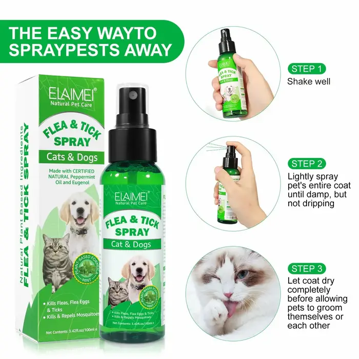Spray anti-puces topique naturel pour chiens et chats avec huile de menthe poivrée pour protection et fraîcheur durable