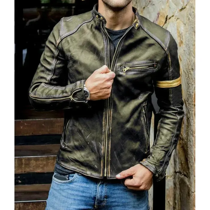 Veste en cuir pour hommes, mode décontractée, Look usé, col montant, manteau en cuir véritable, élég