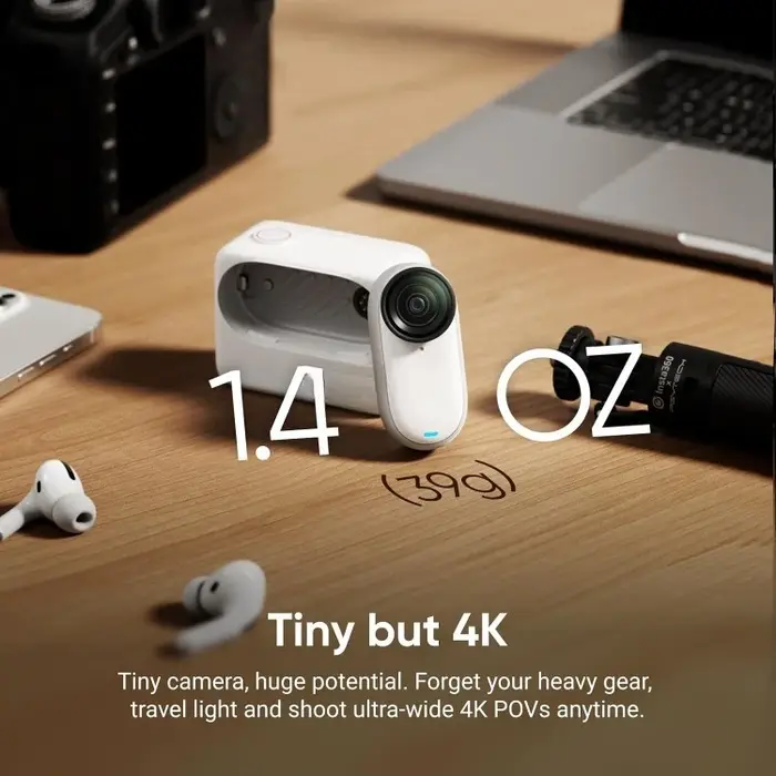 GO 3S - Petite caméra Vlogging portable 4K blanche 128 Go, POV mains libres, montage n'importe où, s