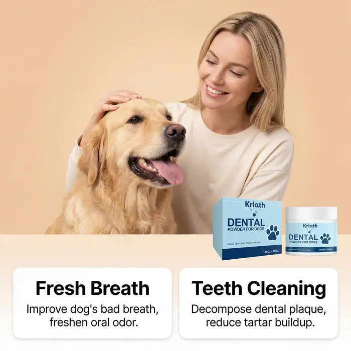 Poudre naturelle pour l'hygiène buccale des animaux de compagnie pour nettoyer les dents des chiens