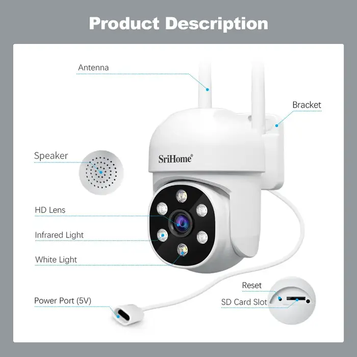 Caméra surveillance Srihome SH061 AI 1080P avec détection humaine vision nocturne pour sécurité maison intérieure extérieure