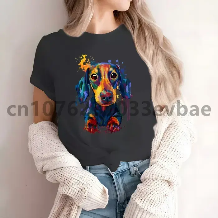 T-shirt à manches courtes pour femme avec patch de teckel, style décontracté, matériau modal, pour toutes les saisons, ajustement confortable, idéal pour week-ends, réunions et détente chez soi
