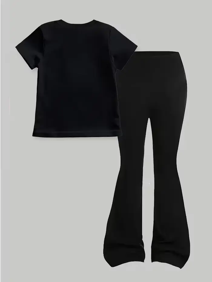 Tenue noire et violette tendance pour filles de 4 à 12 ans : T-shirt à manches courtes et pantalon é