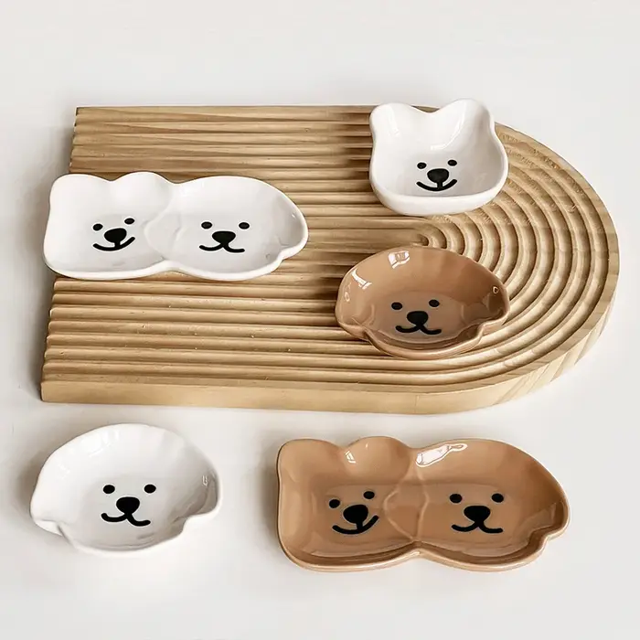 Plat à sauce en céramique avec motif de chien et d'ours mignon - Bol à condiments et collations pour la maison et les occasions spéciales