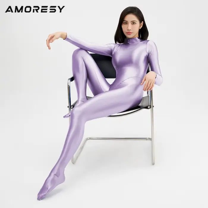 AMORESY Sexy Brillant Manga Longa Corpo Inteiro Collants huile Suave Correndo Macacão Yoga Zentai dé