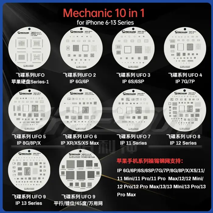 Pochoir de Reballing en Maille d'Acier BGA MECHANIC UFO pour HUAWEI SAMSUNG XIAOMI iPhone 6-16 Pro M