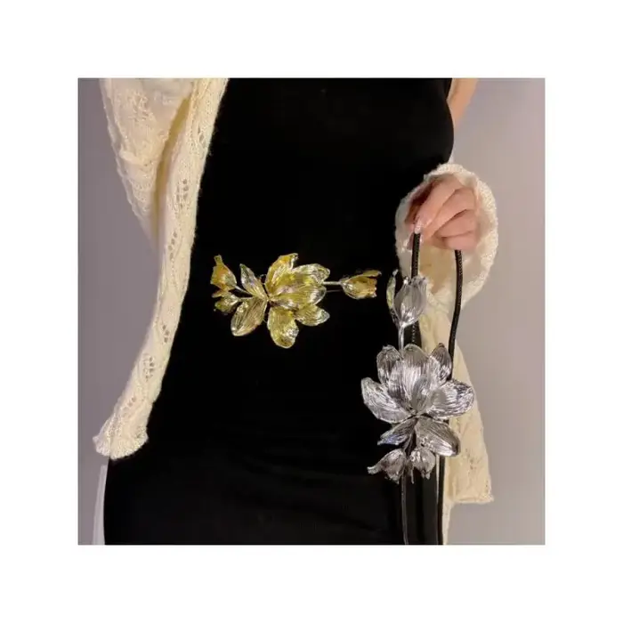Ceinture d'été Vintage en forme de tulipe dorée pour femmes, corde décorative en cuir noir, chaîne d