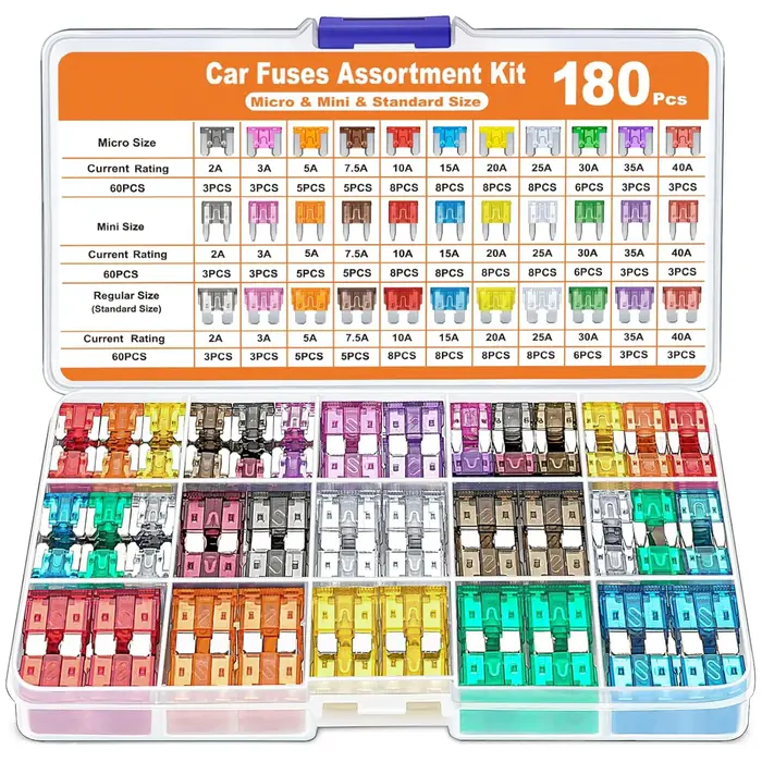 Kit assorti de 180 fusibles automobiles avec 60 mini fusibles à lames, 60 standard et 60 micro-fusibles pour protection précise et sécurité routière
