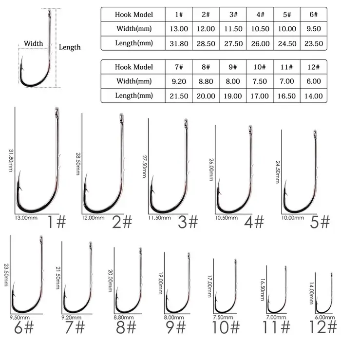 Hameçon de pêche à tige longue 50 pièces/boîte 1 # -12 #   Ensemble d'hameçons de pêche en acier à h