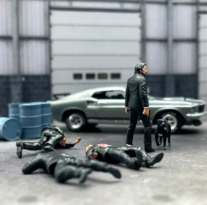 Figurines en résine 1/64 John Wick et Dog pour collection et modélisme, accessoires de photographie créative, cadeaux d'occasion spéciale ```