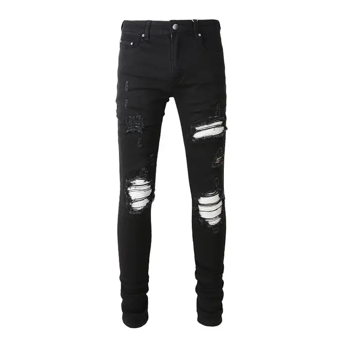 Jean de motard en cuir fissuré pour homme, pantalon en Denim Stretch, effilé, déchiré, Patchwork noi