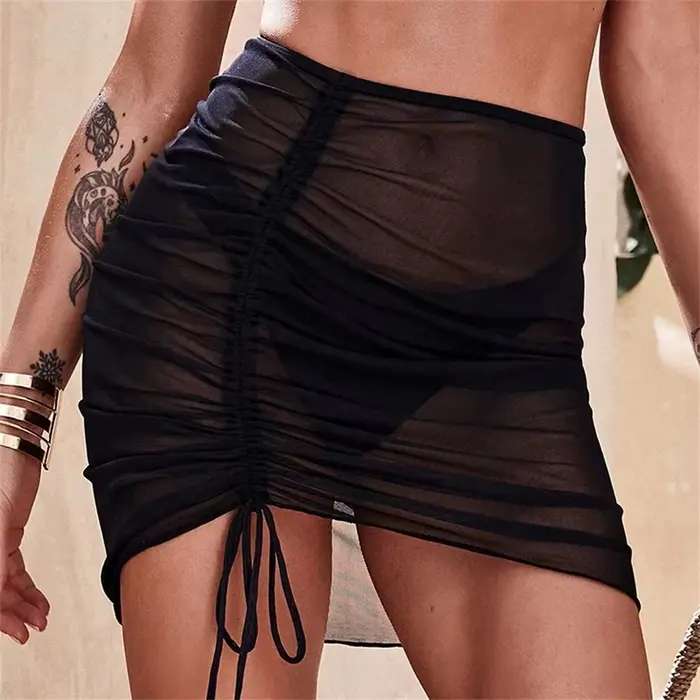 Nouveau Maillot de bain translucide jupe de plage maille cordon solide gaze jupe à volants surjupe b