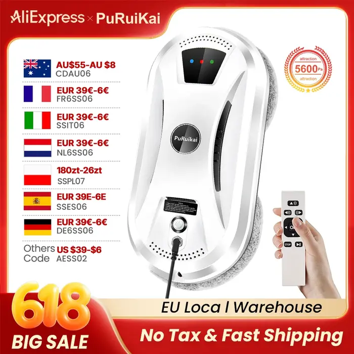 Robot aspirateur ultra fin PuRuiKai robot nettoyeur de vitres vitre électrique télécommande pour le nettoyage silencieux des vitres à offrir pour la maison occasions spéciales