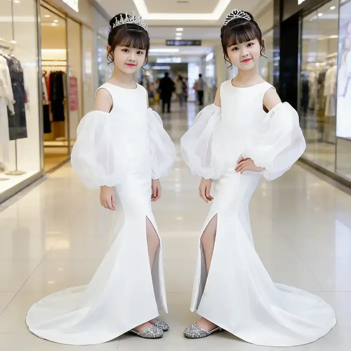 Robe sirène blanche sans bretelles pour filles avec traîne, tenue de cérémonie pour fête, costume de