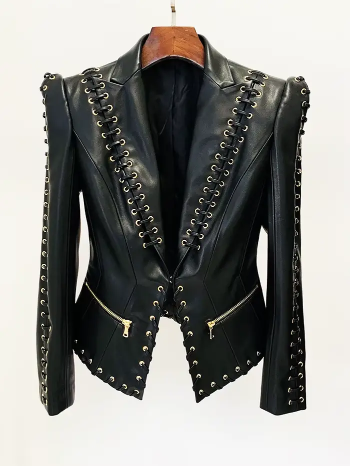 Veste de créateur tendance de haute qualité 2026, veste en cuir ajustée à lacets pour femmes
