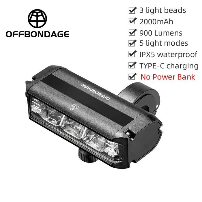 OFFBONDAGE-enquêter avant de vélo, lampe de poche étanche, chargeur USB, accessoires de cyclisme sur