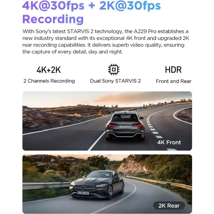 STARVIS 2-Caméra de Tableau de Bord A229 Pro 4K HDR pour Touriste, Avant et Arrière, 2 Canaux avec H