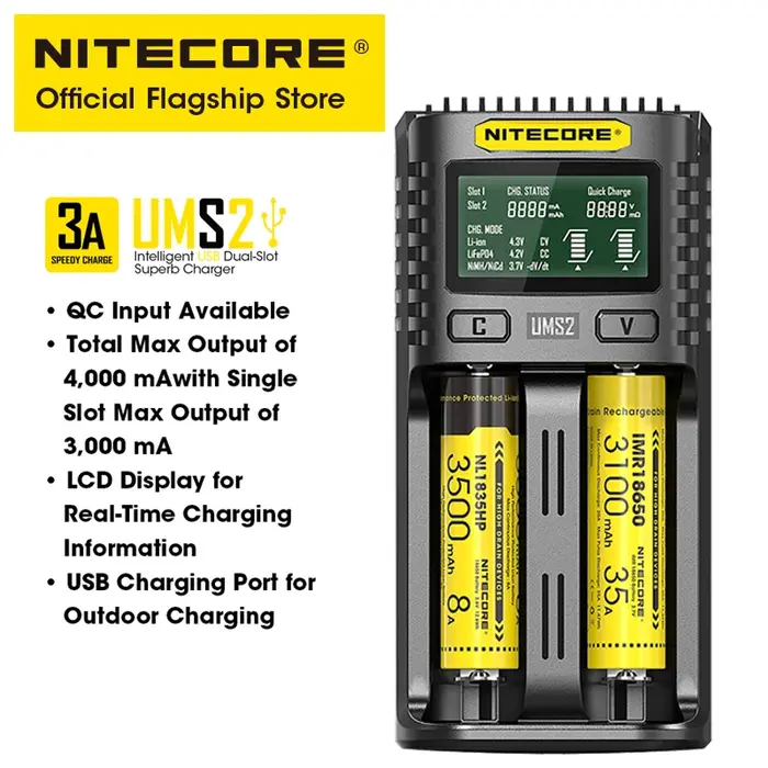 NITECORE UMS2 chargeur de batterie Intelligent USB-C à double emplacement prise de charge rapide QC 