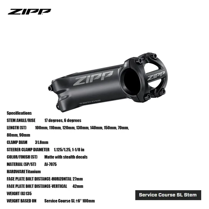 ZIPP Service Course SL Potence décroissante à partir de 7075 aluminium, Large gamme de tailles et d'
