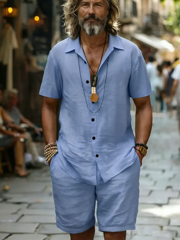Ensemble chemise et Short en coton 100 pour hommes, manches courtes, bleu clair, coupe ample, décont