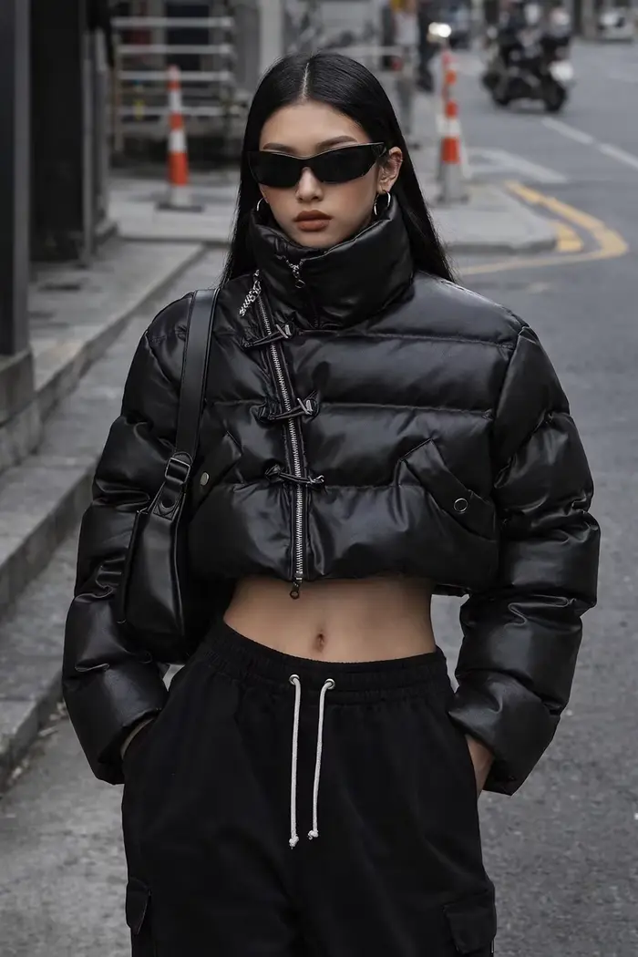 Doudoune Gothique en Faux Cuir pour Femme, Manteau à Bulles, Fermeture Éclair, Col Montant, Chaud, P