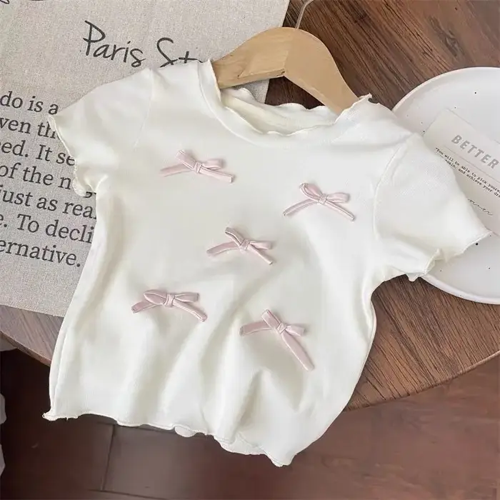 Ensembles de vêtements pour enfants, haut à manches courtes avec nœud + pantalon à jambes larges à c