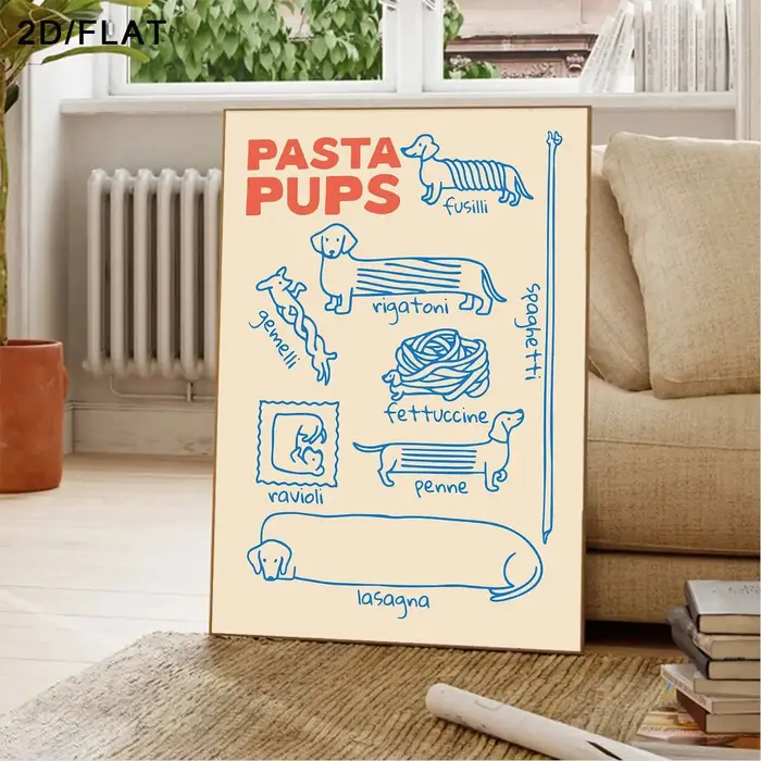 Affiche murale en forme de pâtes sur le thème italien pour chien - Affiche beige moderne sans cadre 