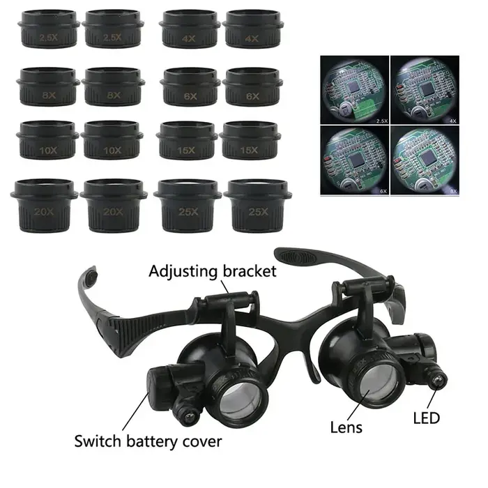 Loupes à bandeau 2,5x4x6x8x10x15x20x25x, lentille optique en verre avec 2 LED pour horloger et répar