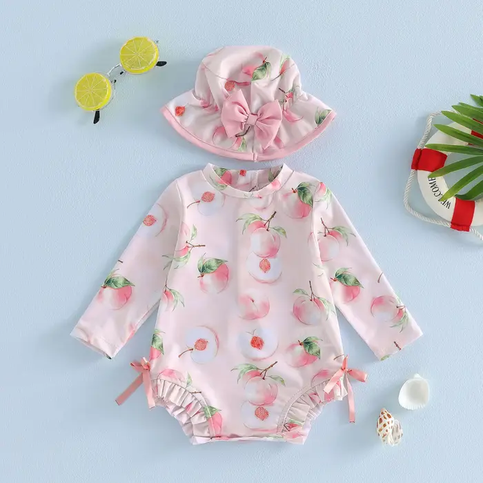 Vêtements de bain pour bébé fille, maillot de bain à manches longues avec imprimé fruits, maillot de bain pour nourrissons avec chapeau de soleil