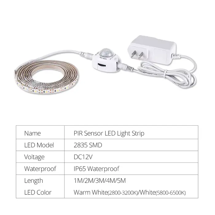 Bande lumineuse LED avec capteur de mouvement PIR, 1-5m, étanche IP65, DC 12V, Diode marche/arrêt au