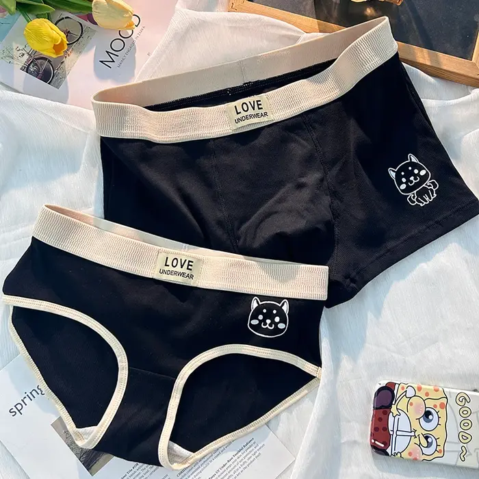 Ensemble de sous-vêtements en coton pour couple, un homme, une femme, sexy, pur désir, dessin animé 
