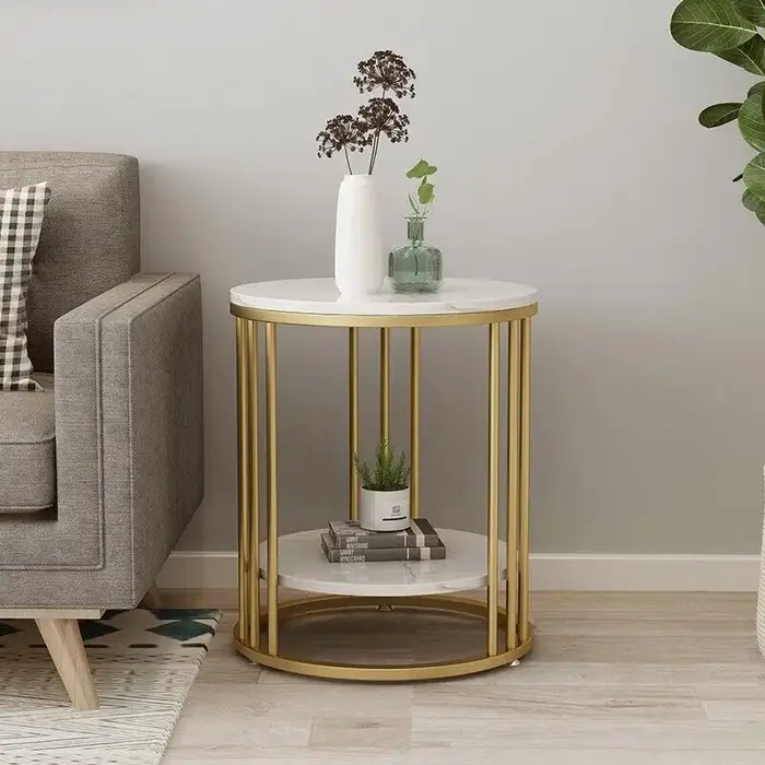 Table d'appoint ronde en marbre blanc à 2 niveaux, table basse, table de chevet, rangement de bijoux