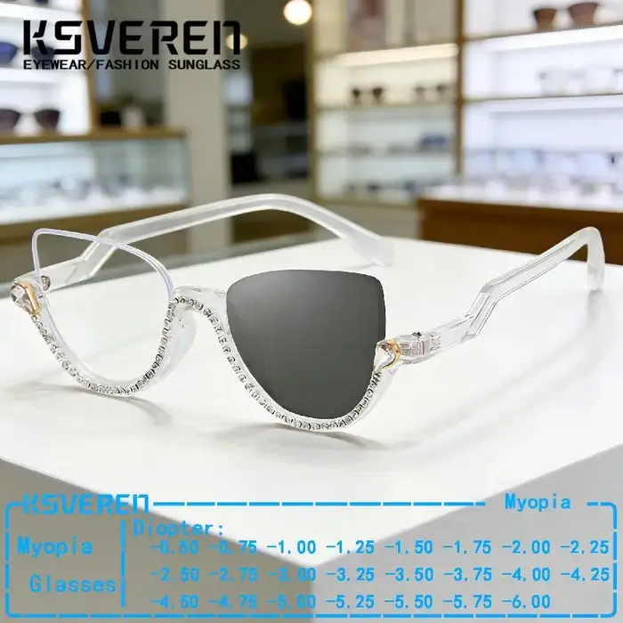 Lunettes de myopie photochromiques œil de chat en strass pour femmes, verres de Prescription finis, 
