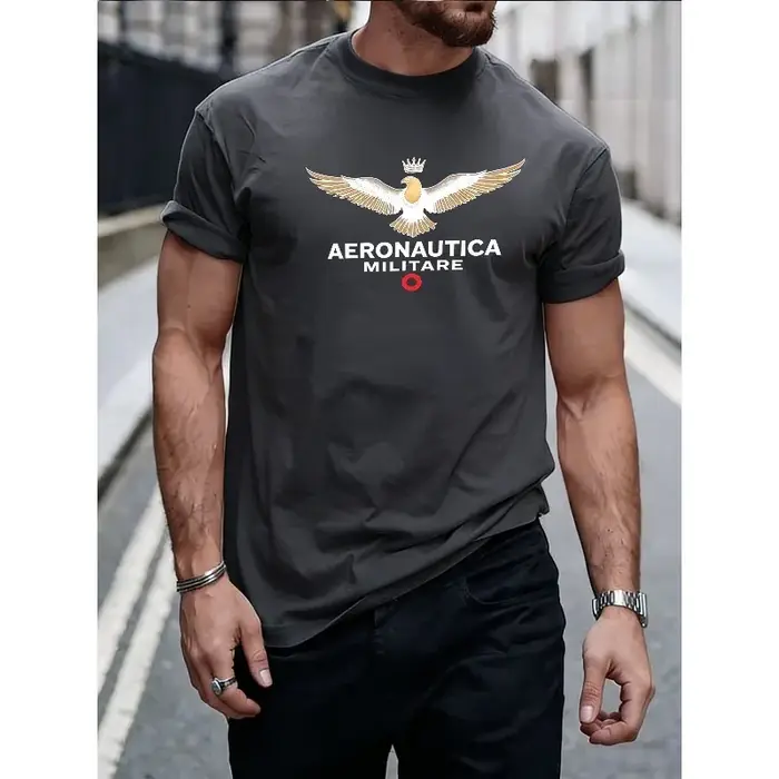 T-shirt décontracté pour homme Aeronautica Militare à imprimé aigle, haut à col rond et manches cour