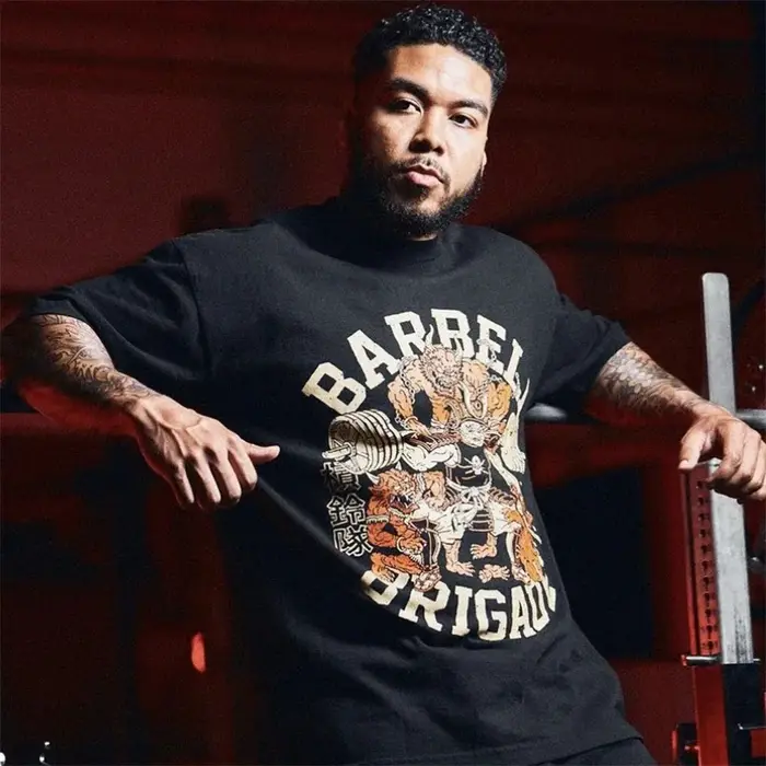Barbell Brigade T-Shirt surdimensionné en coton pour hommes, col rond, manches courtes, Fitness, spo