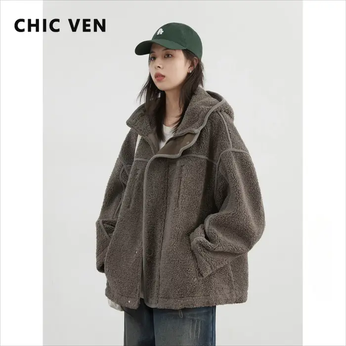 CHIC VEN-Veste à Capuche pour Femme, Manteau Chaud en Peluche, Col Montant, Couleur Unie, Nouvelle C