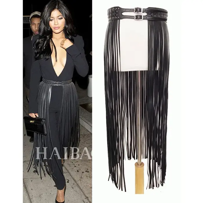 Fantastique longue frange ceinture en cuir noir ceintures de créateur pour les femmes longs glands b