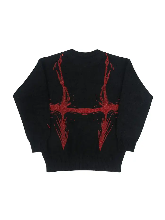 Pull en tricot graphique noir et rouge pour hommes, col rond, surdimensionné, décontracté, manches l