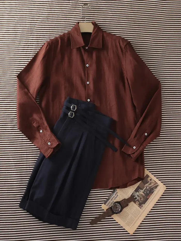 Chemise 100% lin de style italien |   Esthétique Old Money, coupe ajustée, respirant et protecteur c