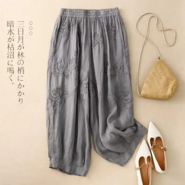 Pantalon sarouel français en coton et lin pour femmes, haut de gamme, rétro, brodé, léger, respirant