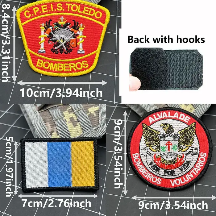 Drapeau espagnol, badge brodé du département des pompiers espagnol portugais utilisé pour la décoration de sac à dos de veste, avec support à crochet