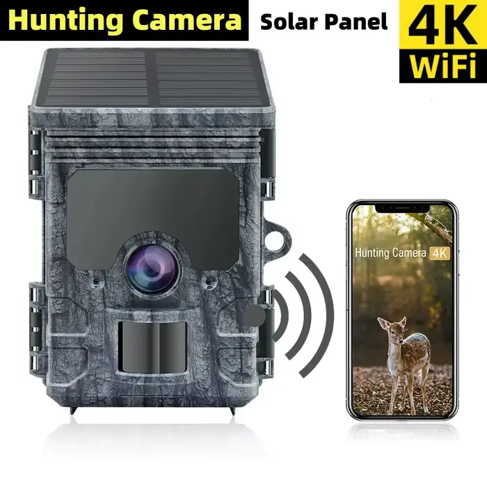Caméra de chasse 4K WiFi panneau solaire alimentée vision nocturne étanche IP66 pour observation de la faune et chasse nocturne