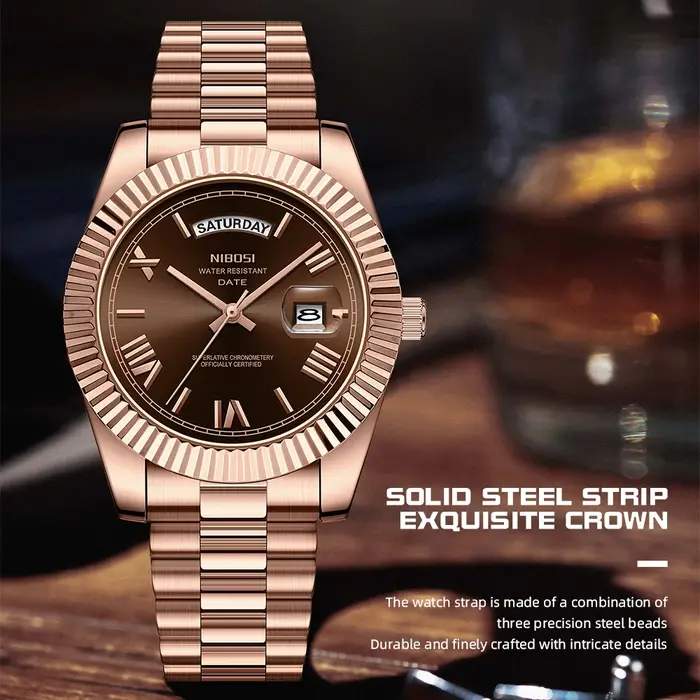 Montre homme NIBOSI analogique quartz acier inox étanche classique affichage date jour reloj