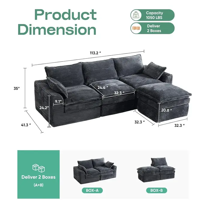 Canapé modulaire sectionnel de 113 pouces, canapé nuage en L surdimensionné avec assise profonde, ca