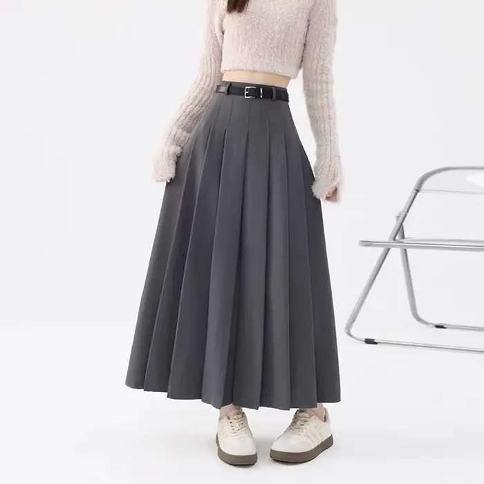 Jupe trapèze grise pour femme, taille haute, décontractée, en laine, longueur midi, pour le printemp
