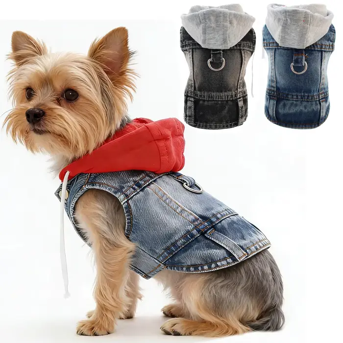 Veste en jean pour chien avec anneaux en D et capuche