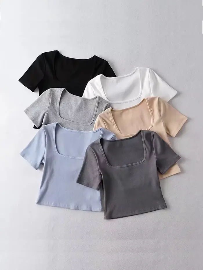 T-shirt court côtelé à col carré pour femmes, haut court à manches courtes