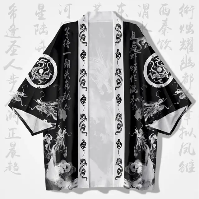 Kimono japonais pour femmes, vêtements traditionnels japonais, imprimé Dragon à l'encre, Cardigan d'