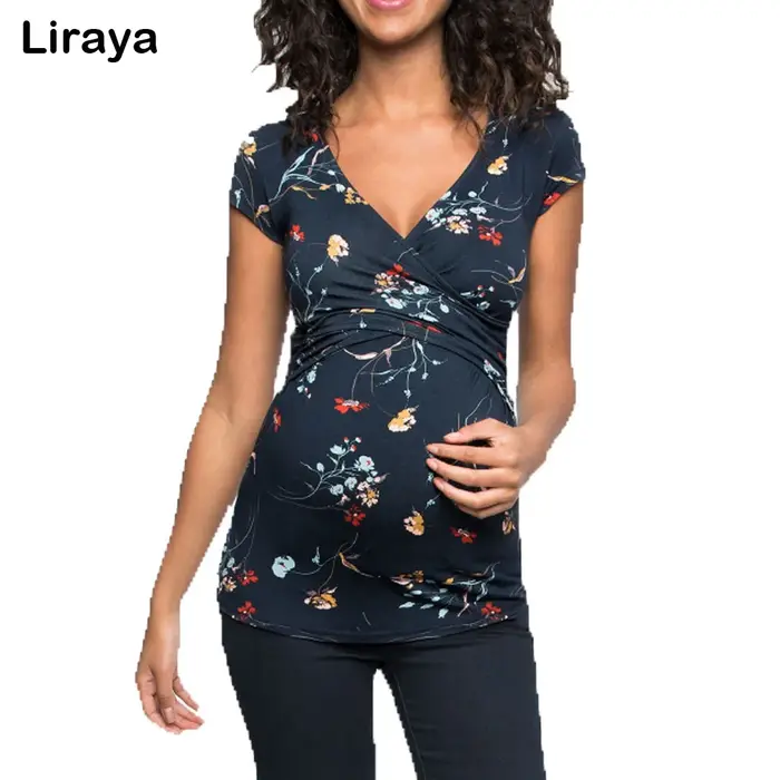 Vêtements de maternité pour femmes, vêtements d'allaitement, vêtements de grossesse à manches courtes, t-shirt de grossesse plissé à ouverture latérale