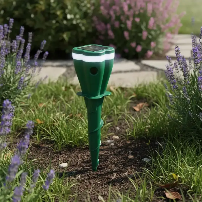 Dispositif de répulsion solaire anti-taupes et serpents ultrasonique et vibratoire pour protection de jardin et espaces extérieurs